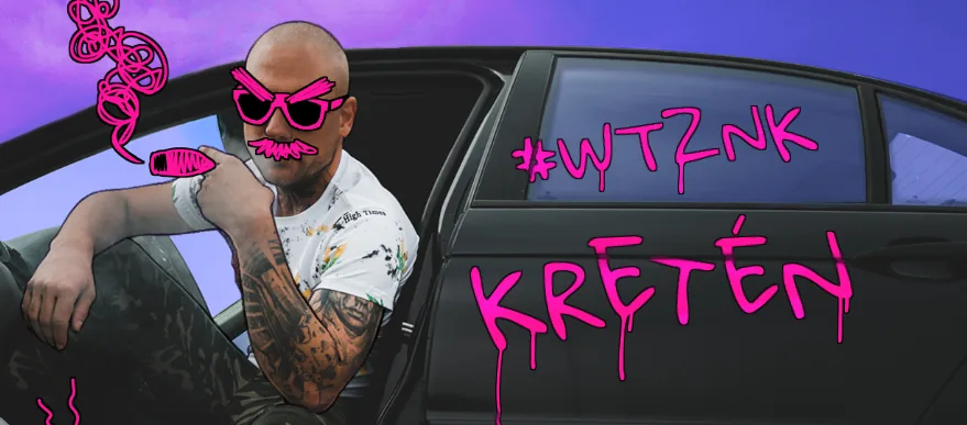 Grafika k singlu Kretén kapely Wotazník — muž v růžových brýlích u černého auta s růžovým graffiti