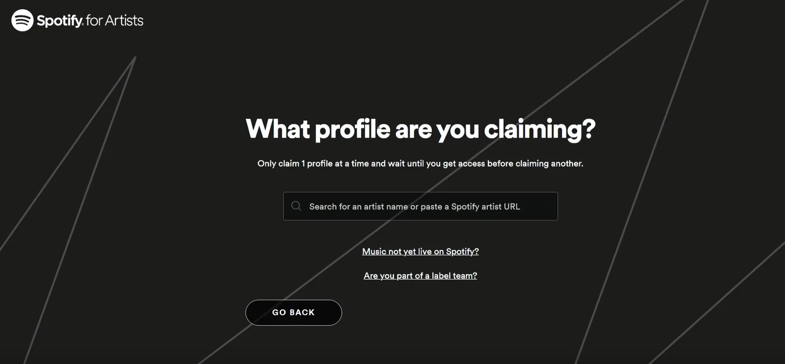 Stránka Spotify for Artists s dotazem, který profil si nárokujete, a vyhledávacím polem