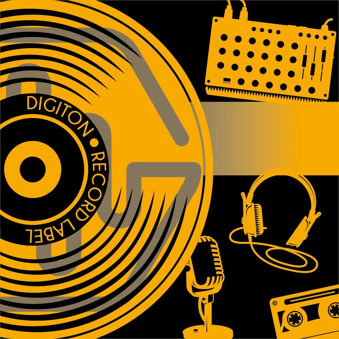Grafika Digiton Record Label s gramofonovou deskou, mikrofonem, sluchátky a kazetou