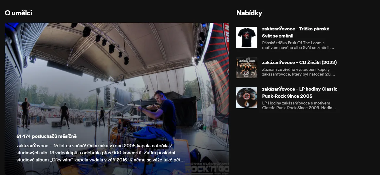 Sekce Nabídky na Spotify profilu kapely zakázanÝovoce s tričkem, CD a LP deskou